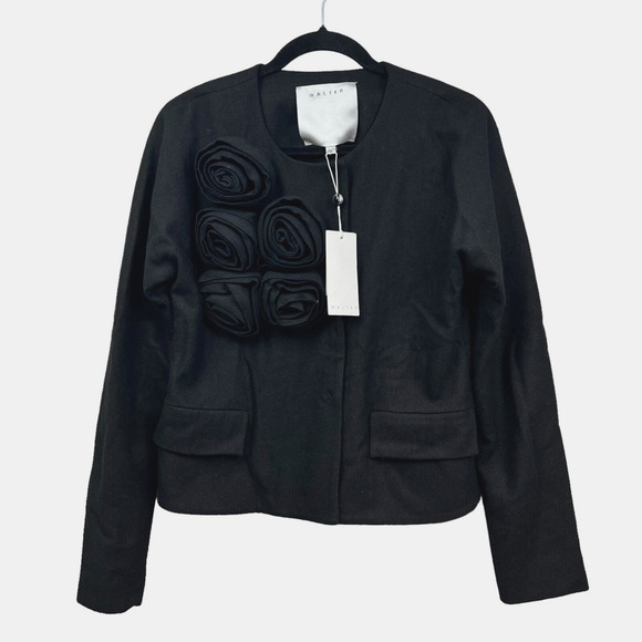 Walter Baker Womens Wool‎ Jacket Collarless Floral Embellished Snaps Black Sz 6 - Picture 1 of 5